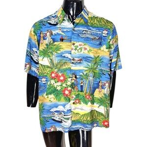 Vintage Reyn Spooner Men's Aloha Hula Girl Palm Tree Island Hawaiian Shirt Large